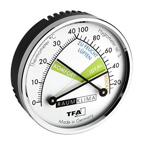 TFA Dostmann Thermo Analoges Thermometer Hygrometer mit Metallring, Luftfeuchtigkeitsmessgerät, Mehrfarbig, L 71 x B 23 x H 71 mm