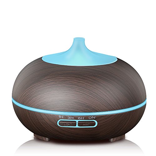 KBAYBO Aroma Fresh Air Diffuseur Brume Huile Essentielle Ultrasonique Grain de Bois, 7 Couleurs Change LED Réglage de l'heure (Dunkle Holzmaserung)